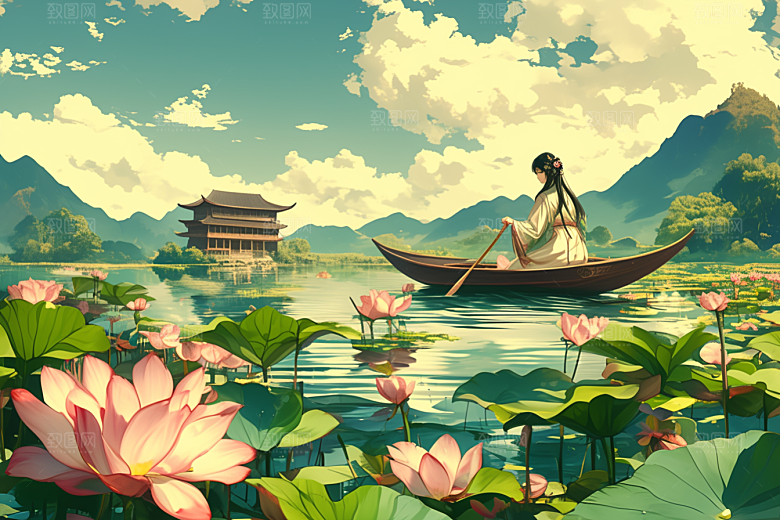 夏日赏荷手绘美景插画