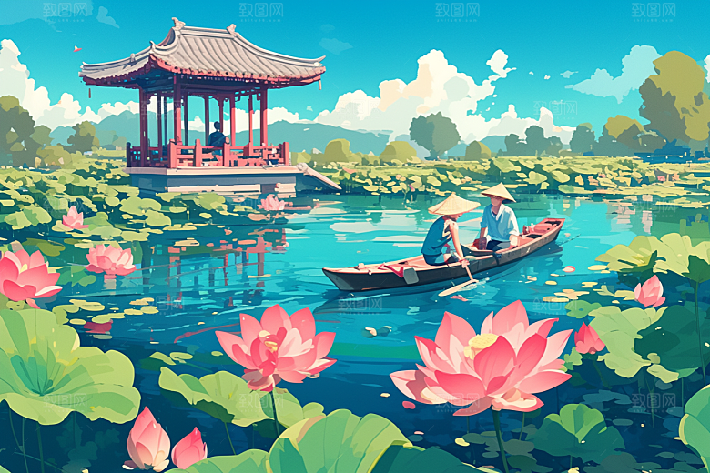 夏日赏荷高清手绘插画