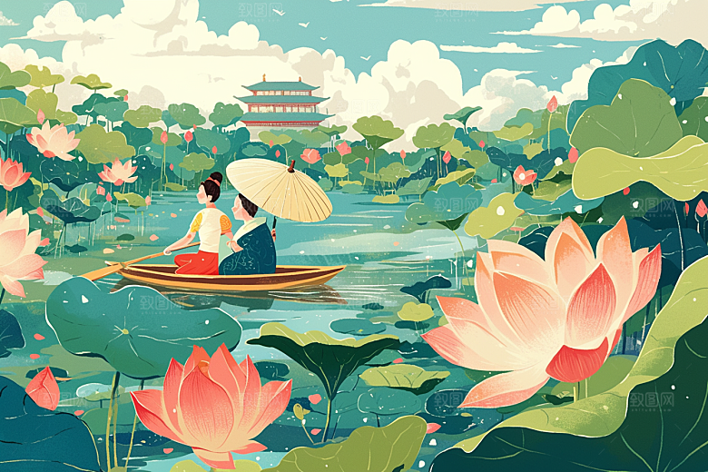 夏日赏荷赏花夏季插画
