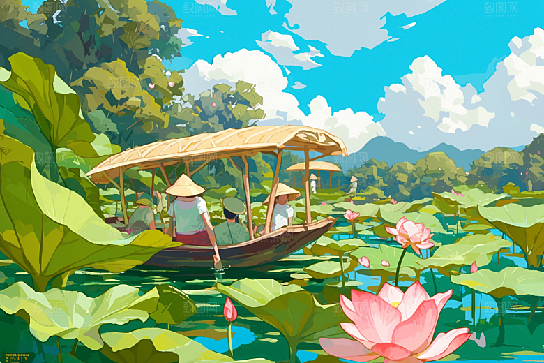 夏日赏荷自然景色插画