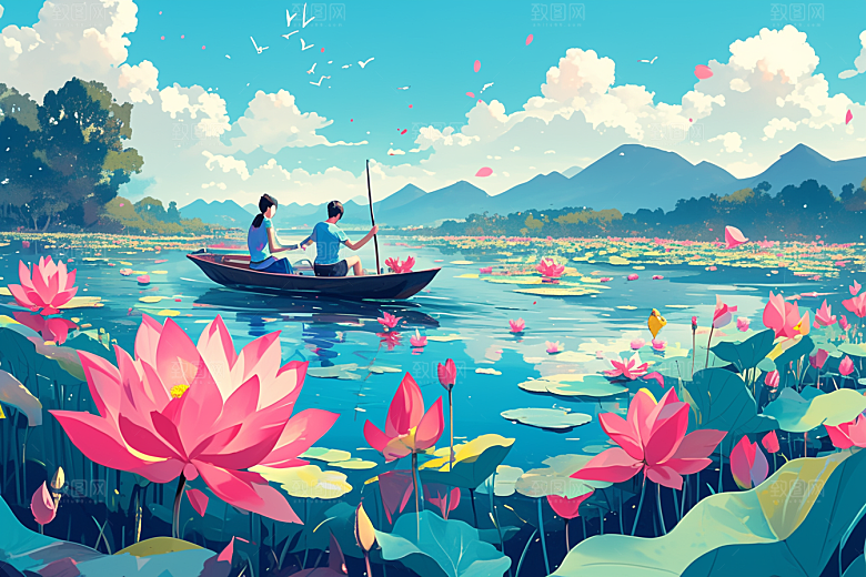 夏日赏荷夏天自然插画