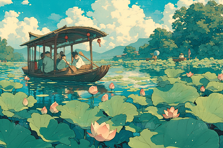 夏日赏荷莲华中国风插画