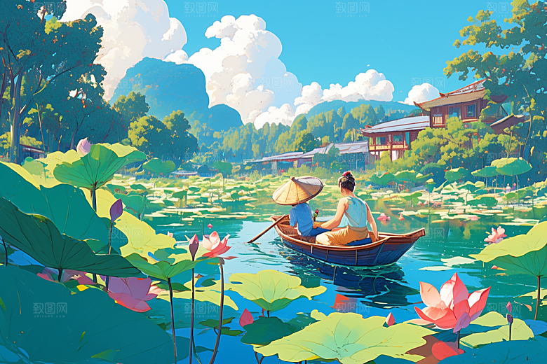 夏日赏荷夏天乘船插画