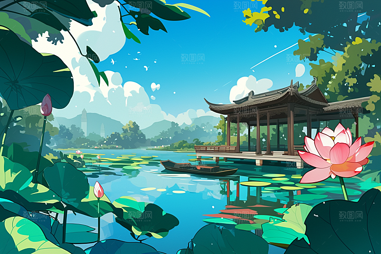 夏日赏荷高清池塘插画