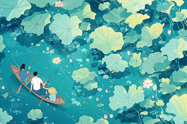 夏日赏荷夏天手绘插画
