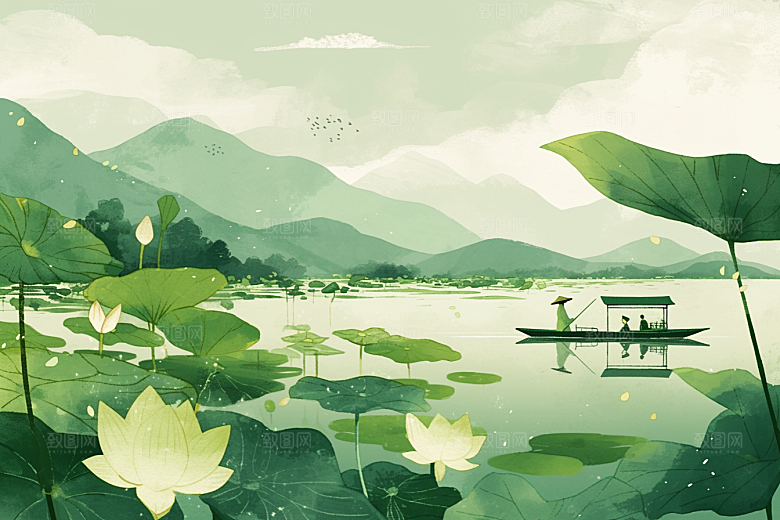 夏日赏荷自然乘船插画