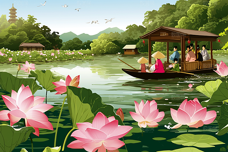 夏日赏荷莲华手绘插画