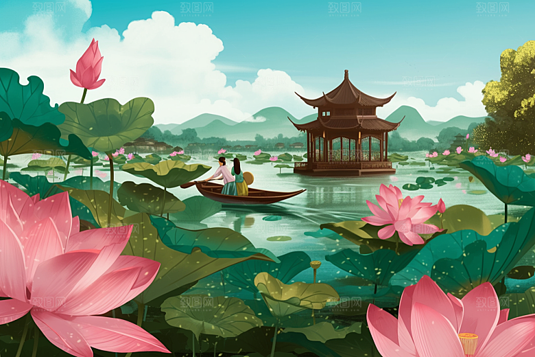 夏日赏荷高清中国风插画