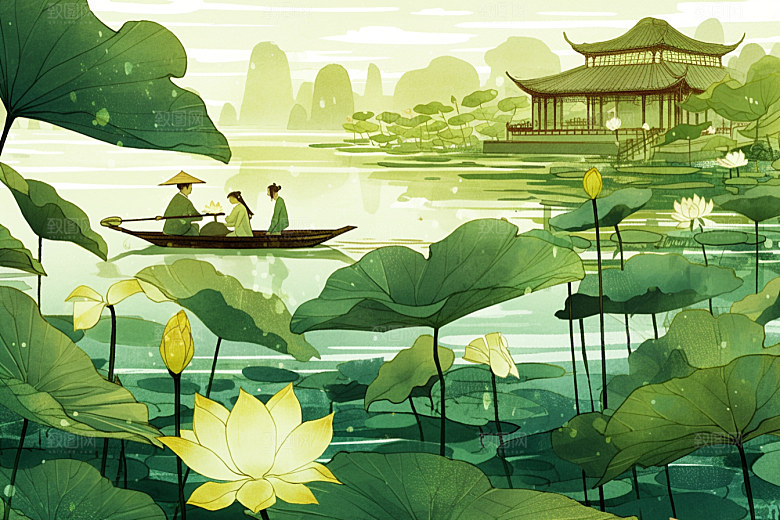 夏日赏荷池塘夏季插画