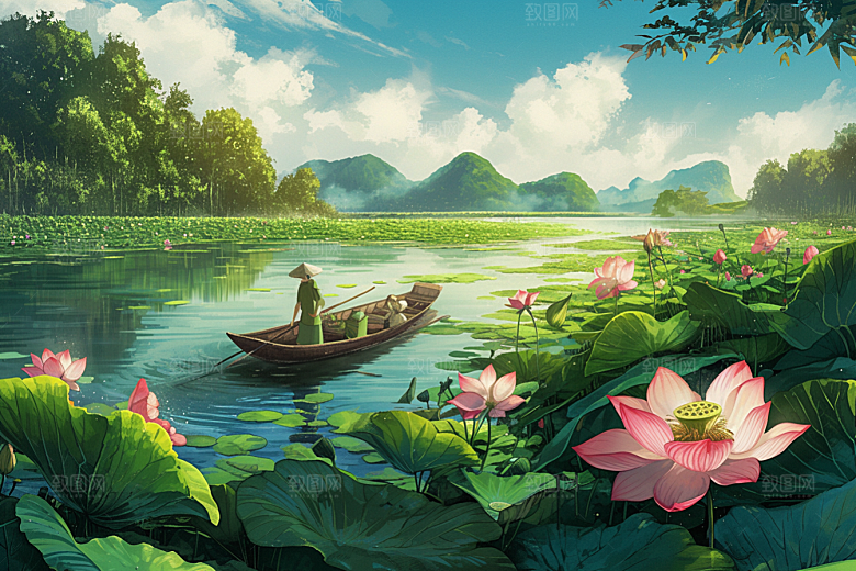 夏日赏荷手绘美景插画