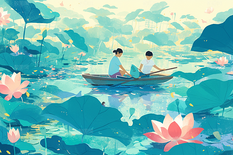 夏日赏荷景色手绘插画