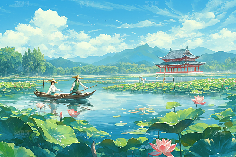 夏日赏荷池塘夏天插画