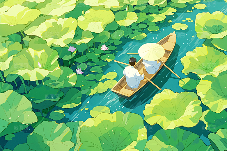 夏日赏荷自然赏花插画