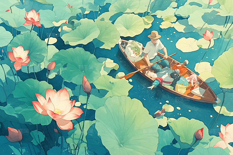 夏日赏荷手绘夏季插画