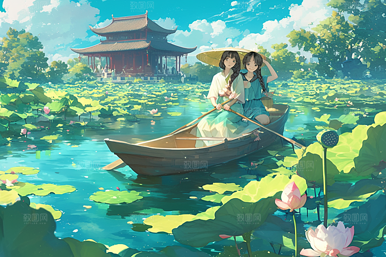 夏日赏荷赏花美景插画
