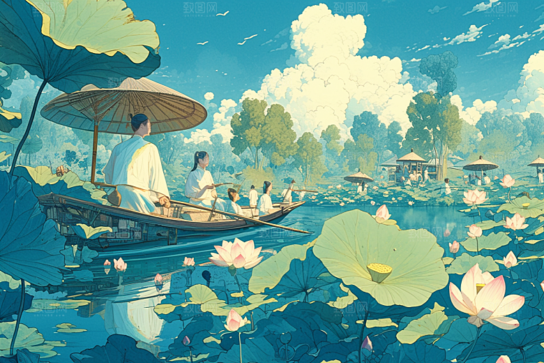 夏日赏荷赏花池塘插画