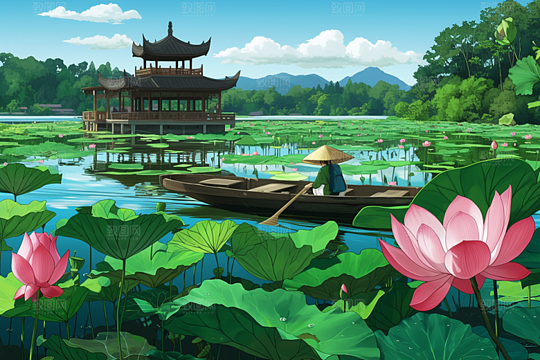 夏日赏荷乘船赏花插画