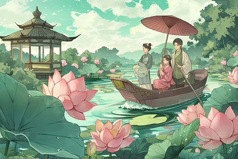 夏日赏荷乘船中国风插画