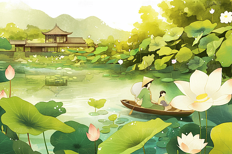 夏日赏荷游船夏季插画