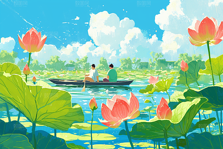 夏日赏荷中国风自然插画
