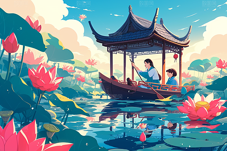 夏日赏荷美景夏季插画