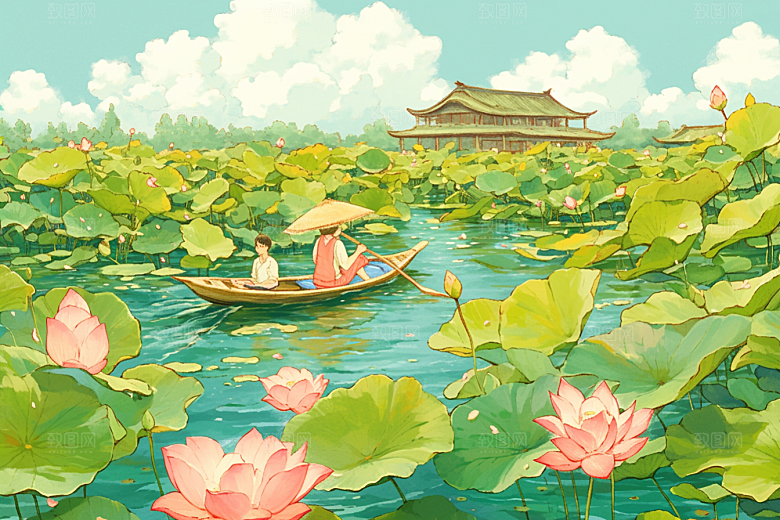 夏日赏荷中国风自然插画