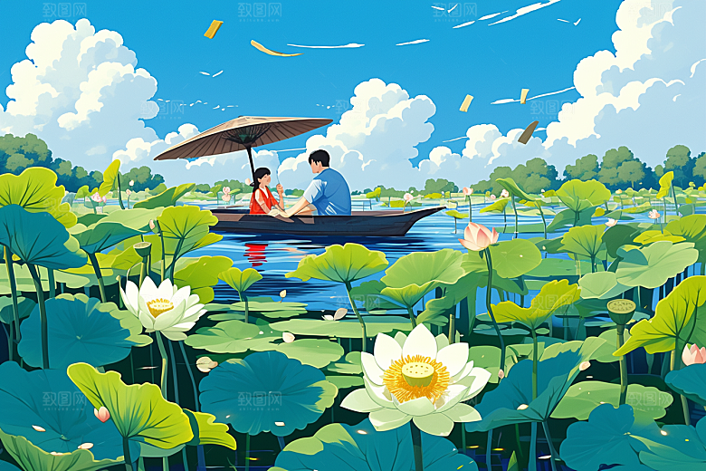 夏日赏荷夏季美景插画