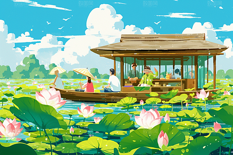 夏日赏荷赏花中国风插画