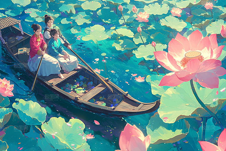 夏日赏荷乘船高清插画