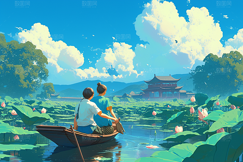 夏日赏荷高清景色插画