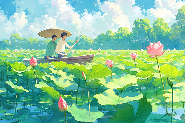 夏日赏荷中国风夏季插画