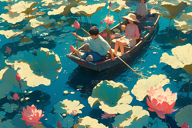 夏日赏荷赏花游船插画