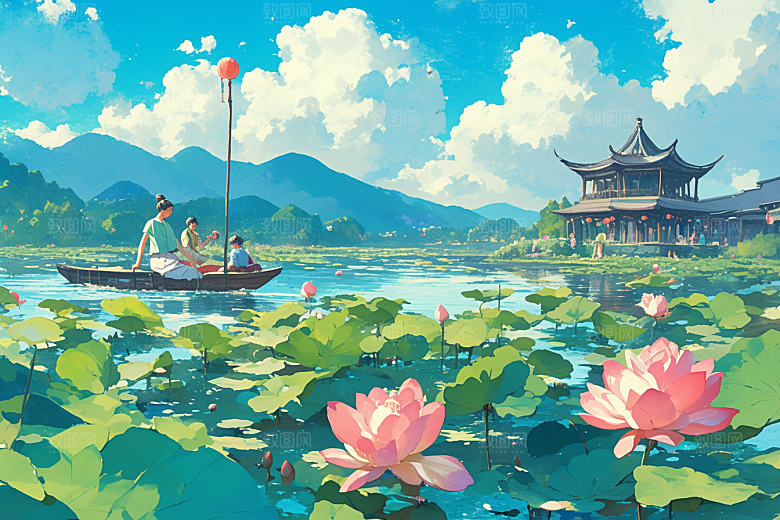 夏日赏荷自然高清插画