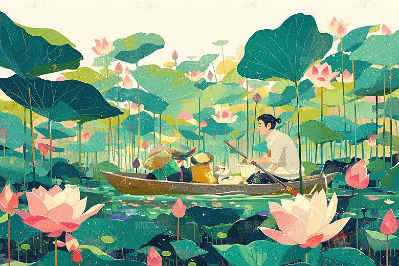 夏日赏荷美景景色插画