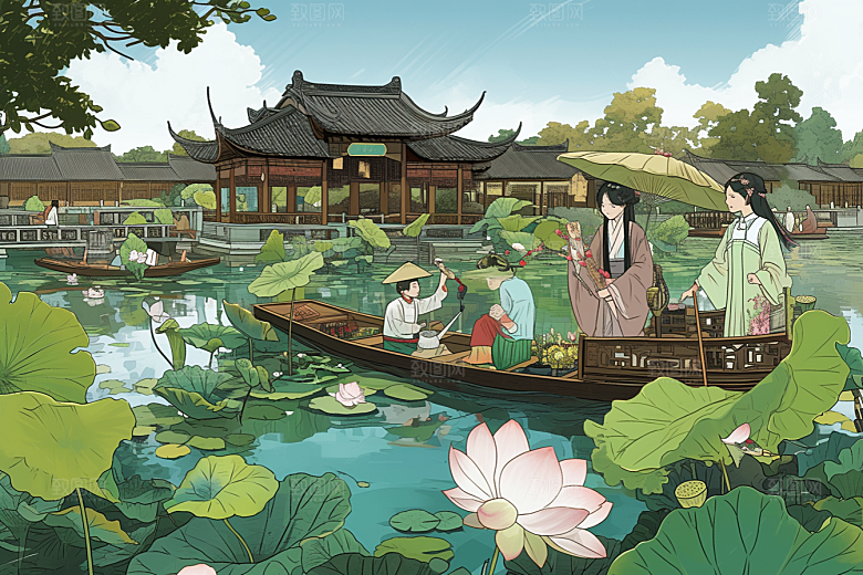 夏日赏荷夏天中国风插画