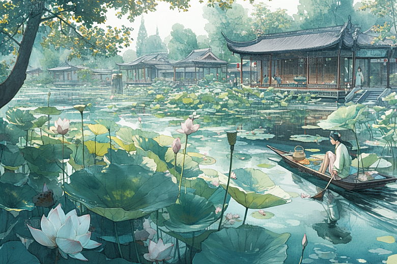 夏日赏荷高清夏天插画