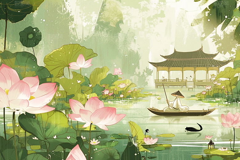 夏日赏荷中国风景色插画