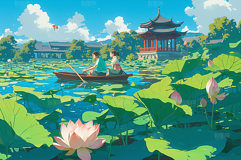 夏日赏荷夏季乘船插画