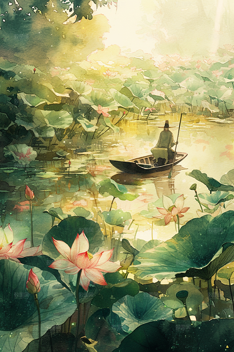 夏日赏荷池塘美景插画