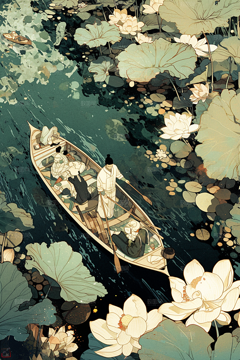 夏日赏荷乘船游船插画