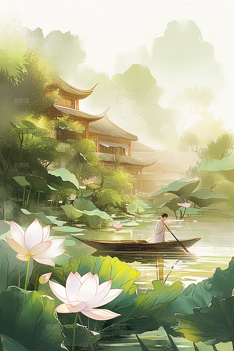 夏日赏荷美景景色插画