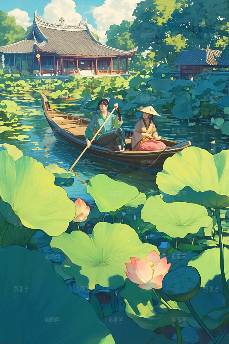 夏日赏荷夏天乘船插画