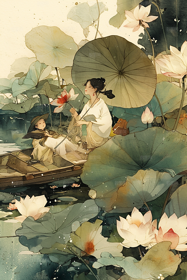 夏日赏荷乘船高清插画