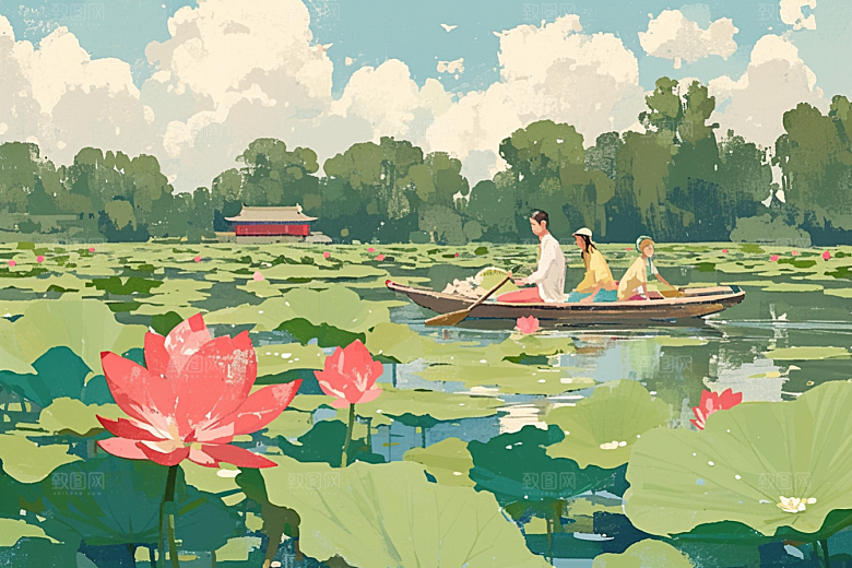 夏日赏荷高清夏季插画