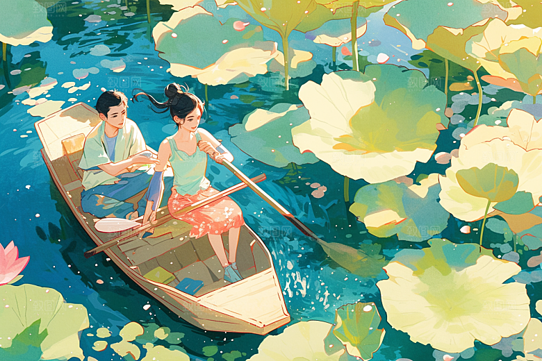 夏日赏荷中国风夏天插画