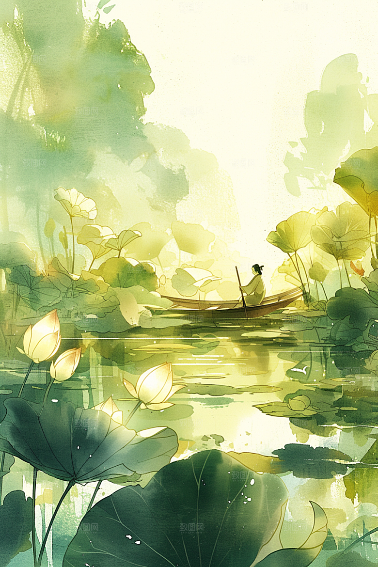 夏日赏荷池塘乘船插画