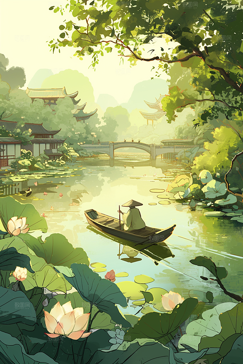 夏日赏荷中国风美景插画