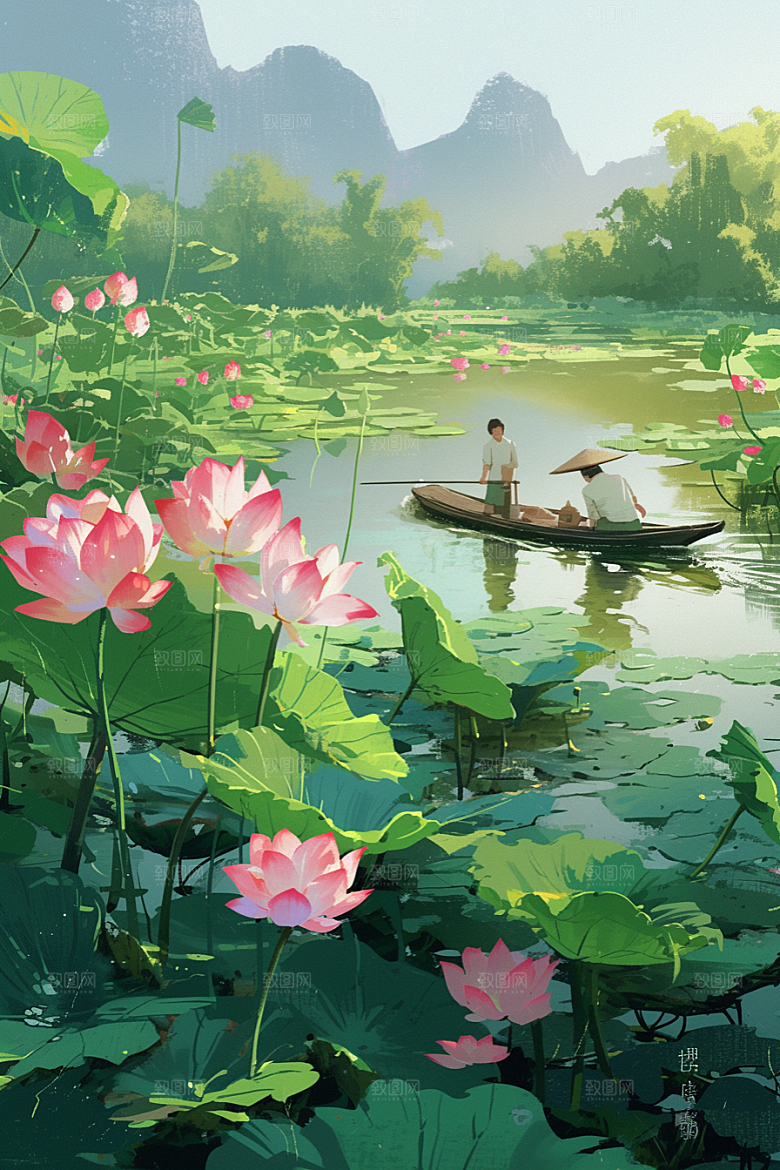 夏日赏荷手绘美景插画