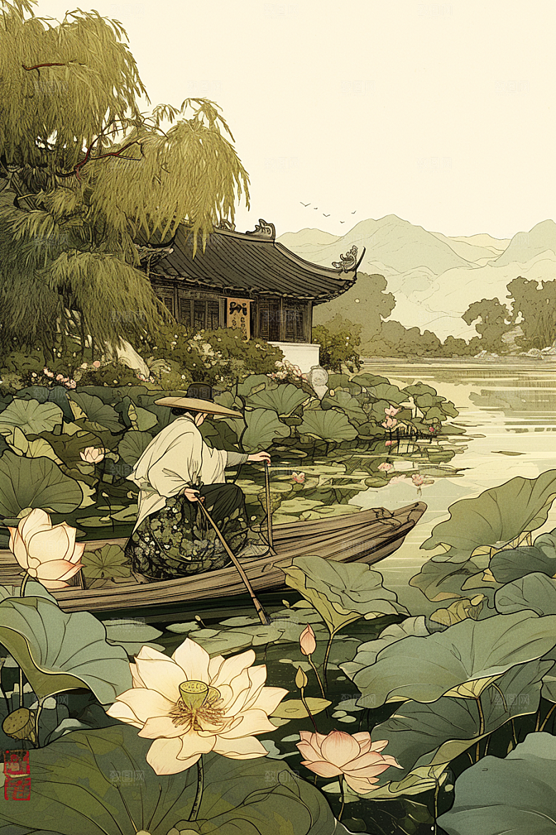 夏日赏荷自然夏天插画