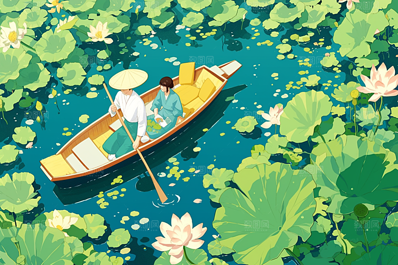 夏日赏荷中国风夏季插画